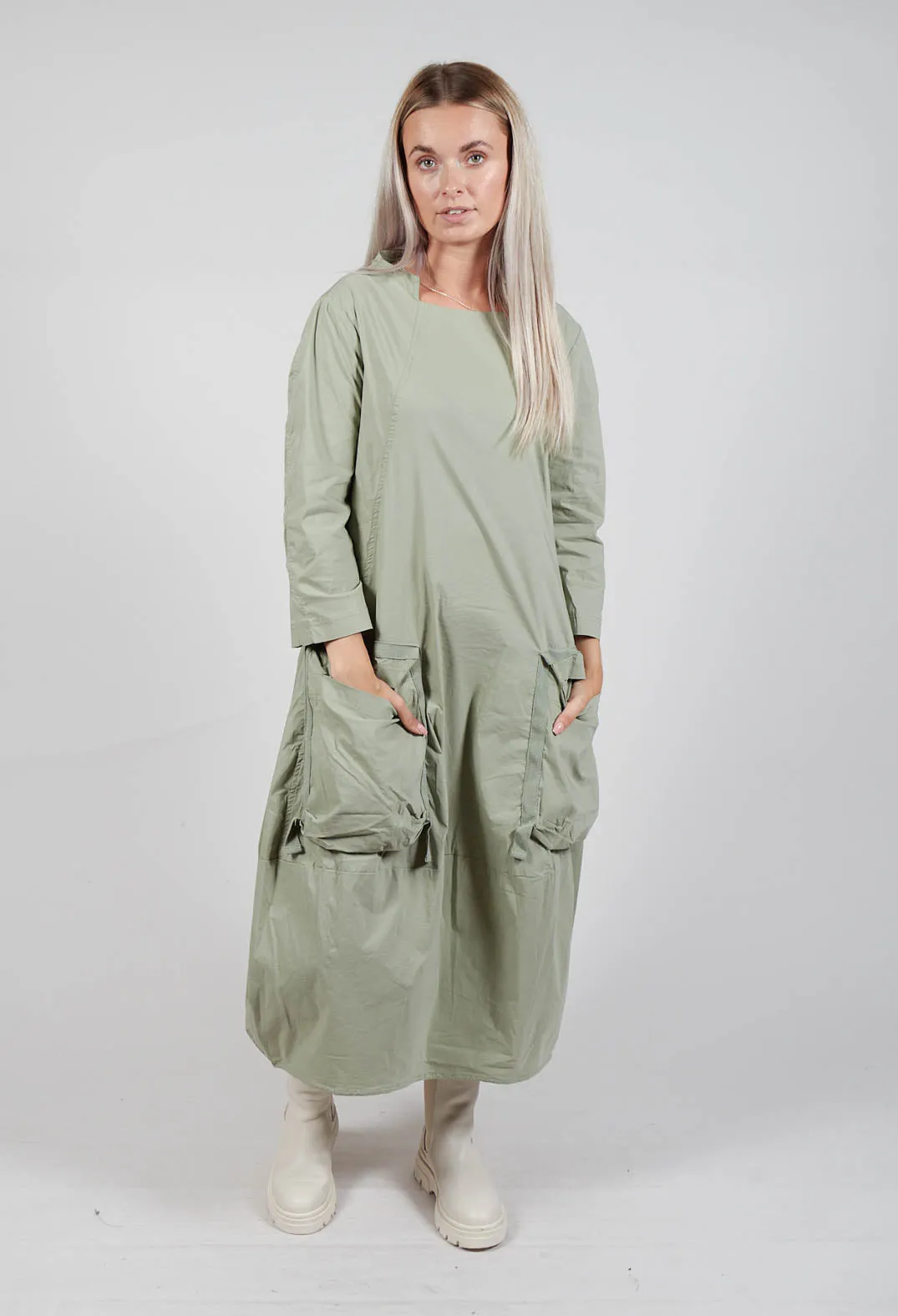Balloon Hem Utility Dress in Defender